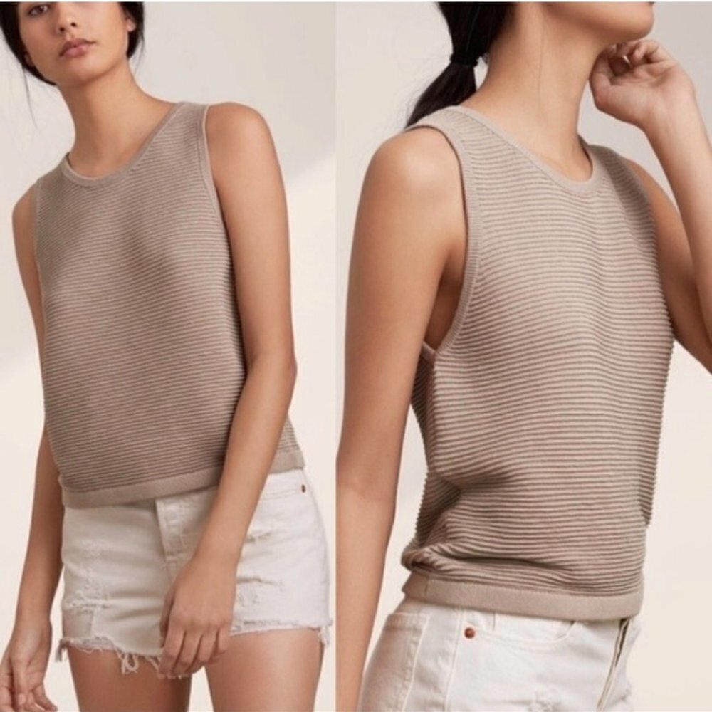 ARITZIA BABATON Alrik Beige Textural Knit Crewneck‎ Light Crop Tank Top Sz XXS